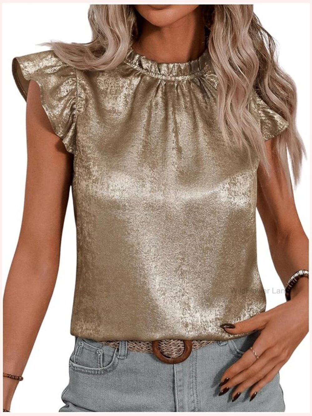 Metallic Ruffle Cap Sleeve Mock Neck Blouse Frill Trim Party Top